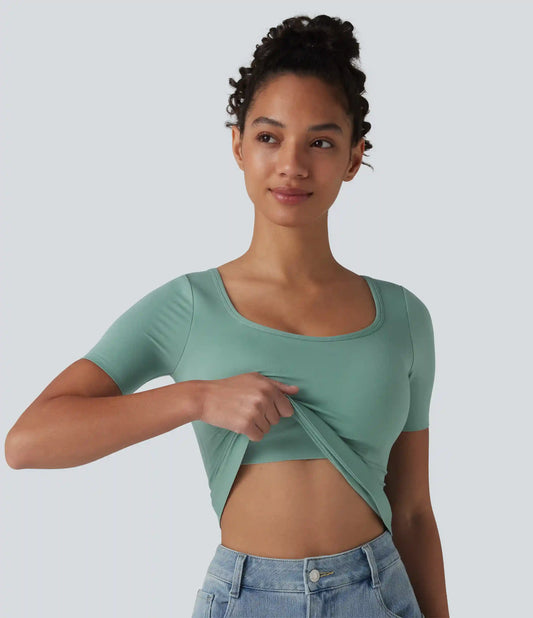 Scoop Neck Short Sleeve Built-in Bra Casual T-Shirt B-E Cups