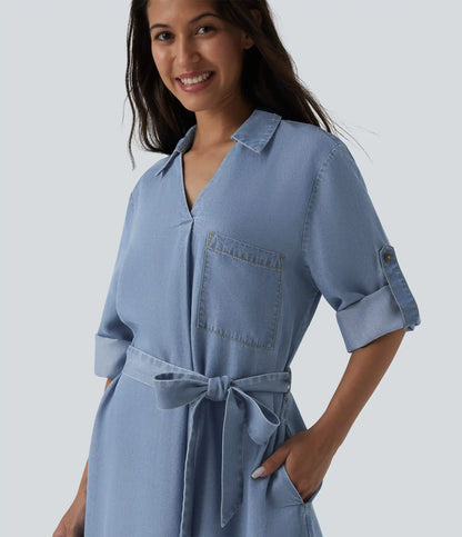 V Neck Long Sleeve Tie Front Denim Mini Casual Dress with Pockets