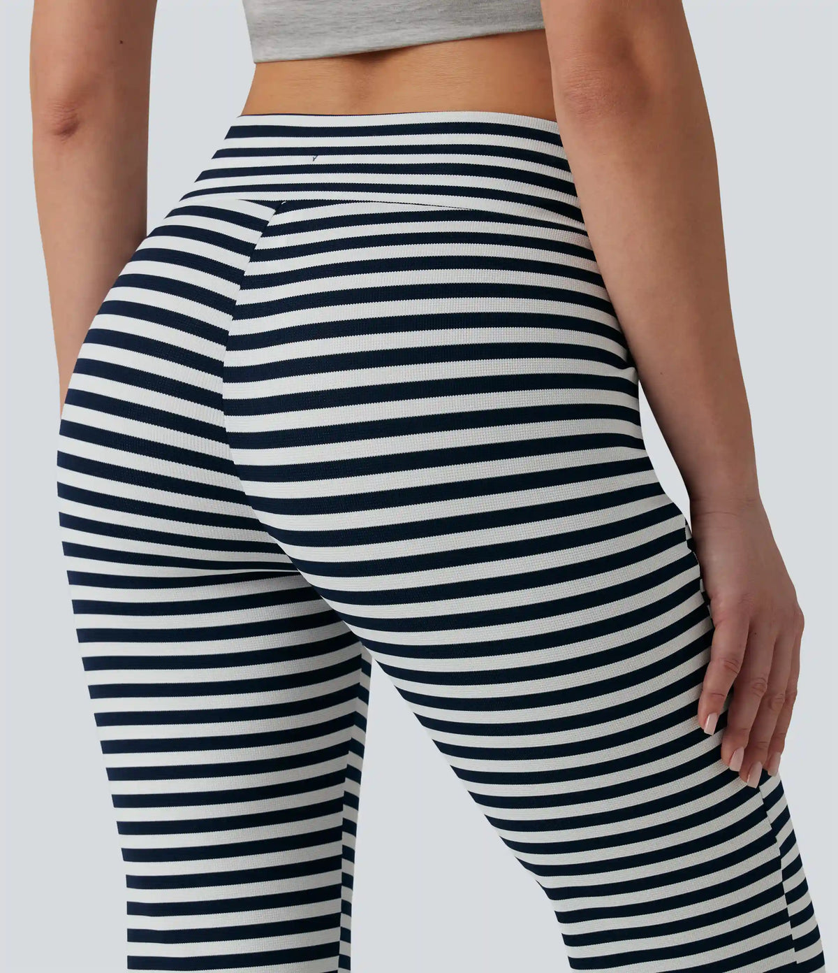 High Waisted Drawstring Tummy Control Stripe Waffle Flare Casual Pants with Pockets