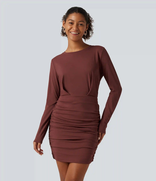 SoftlyZero™ Airy Round Neck Long Sleeve Ruched InstantCool Bodycon Mini Party Dress