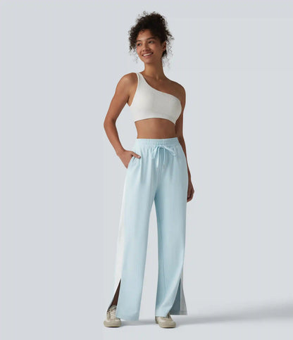 DayStretch High Waisted Drawstring Color Block Stripe Split Straight Leg Yoga Pants with Pockets