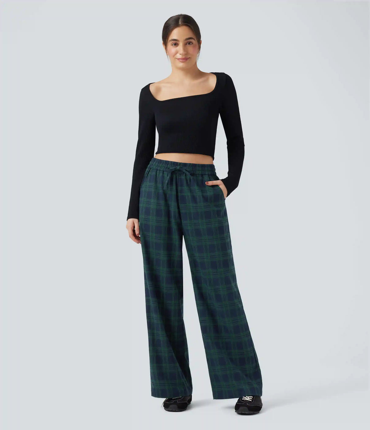High-waisted Plaid Print Casual Baggy Pants with Pockets