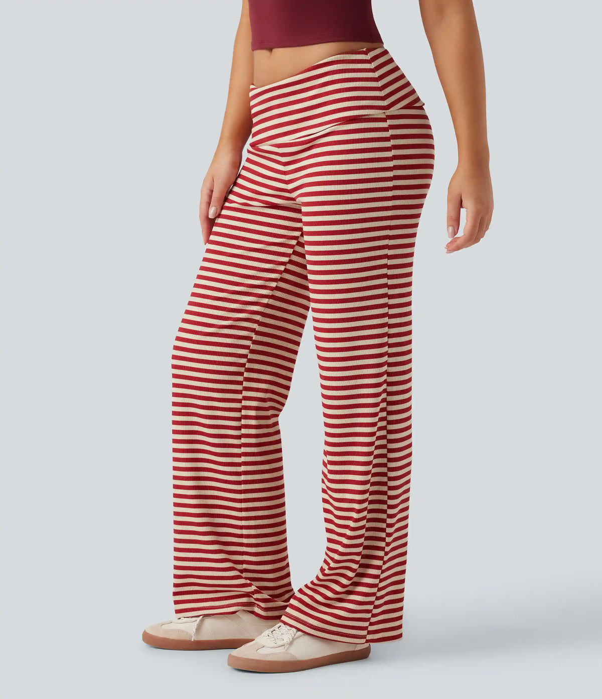 Foldover Low Rise Striped Casual Flare Trousers