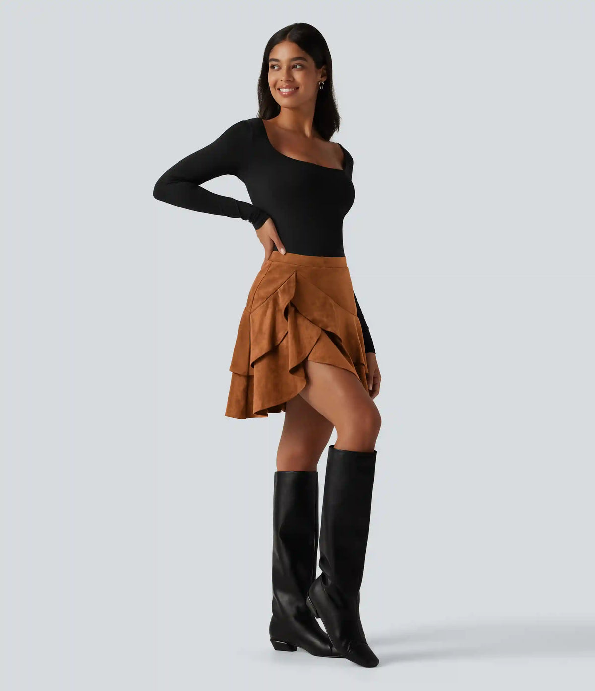 High Waisted Tiered Ruffle Hem 2-in-1 Longer Mini Suede Casual Skirt with Pocket