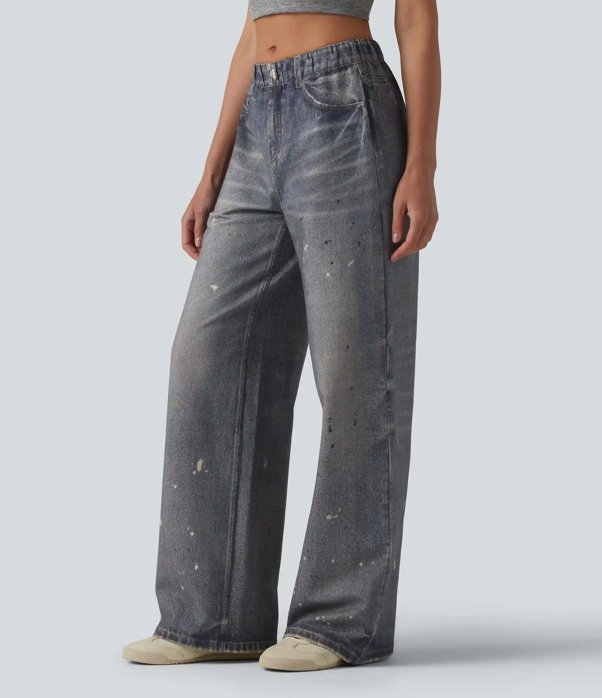 Mid Rise Denim Print French Terry Casual Sweatpants Jeans with Pockets
