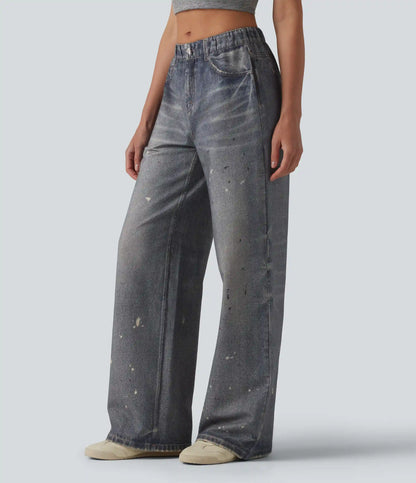 Mid Rise Denim Print French Terry Casual Sweatpants Jeans with Pockets