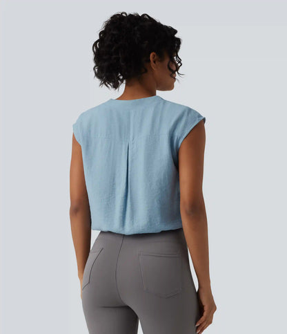 V Neck Cap Sleeve Decorative Work Blouse