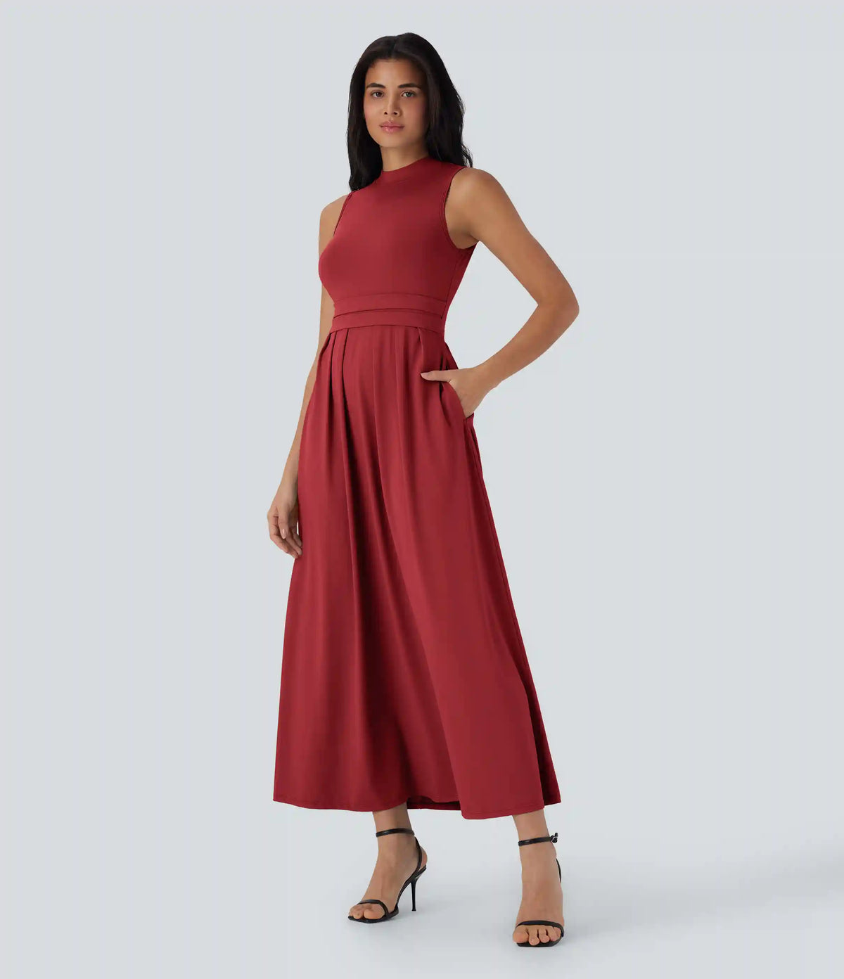 Stand Collar Sleeveless Flare Maxi Casual Dress with Pockets