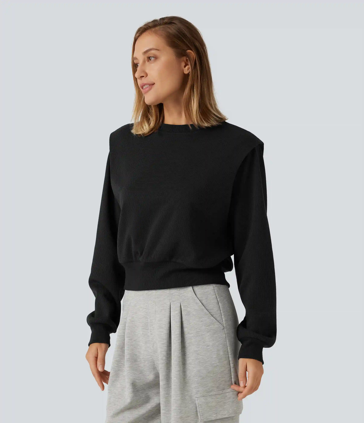 Round Neck Long Sleeve Waffle Casual Sweatshirt