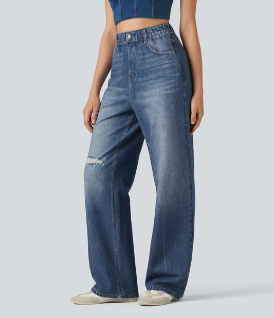 High Waisted Denim Print French Terry Casual Sweatpants Jeans with Pockets