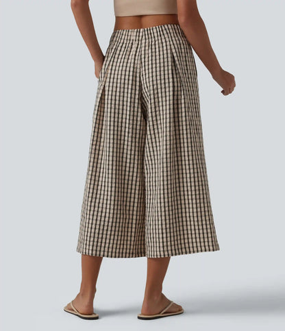 Mid Rise Plaid Cropped Casual Baggy Pants with Pockets