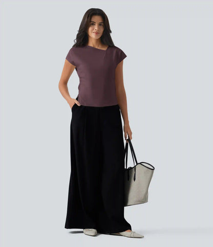 Asymmetric Cowl Neck Short Sleeve Ruched Split Hem Work Blouse