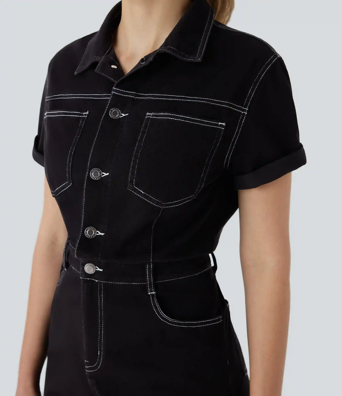Halara Flex™ Short Sleeve Washed Denim Casual Utility Romper with Pockets