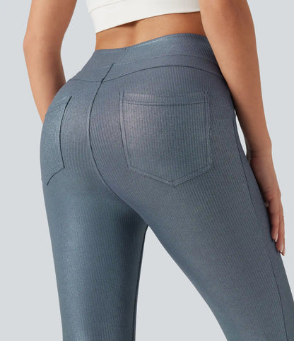 Ribbed Knit High Waisted Foil Print Yoga Leggings with Pockets