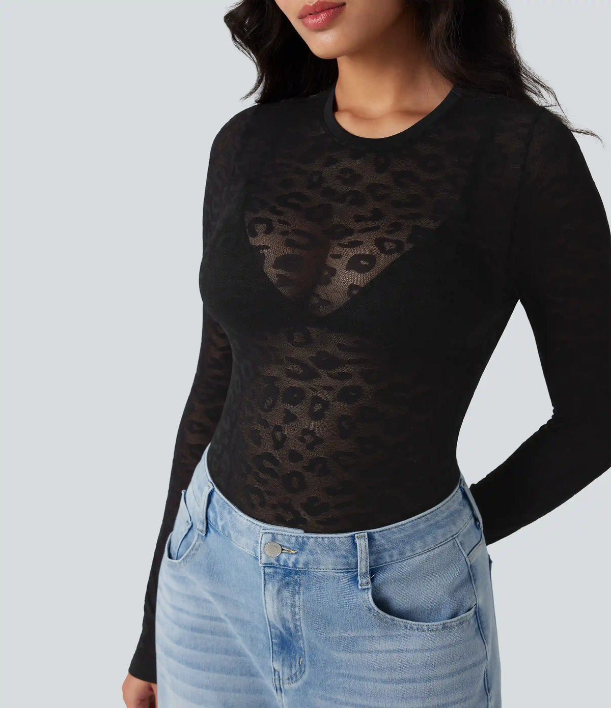 OneForm Seamless Flow Sheer Leopard Round Neck Long Sleeve Casual Sports Top