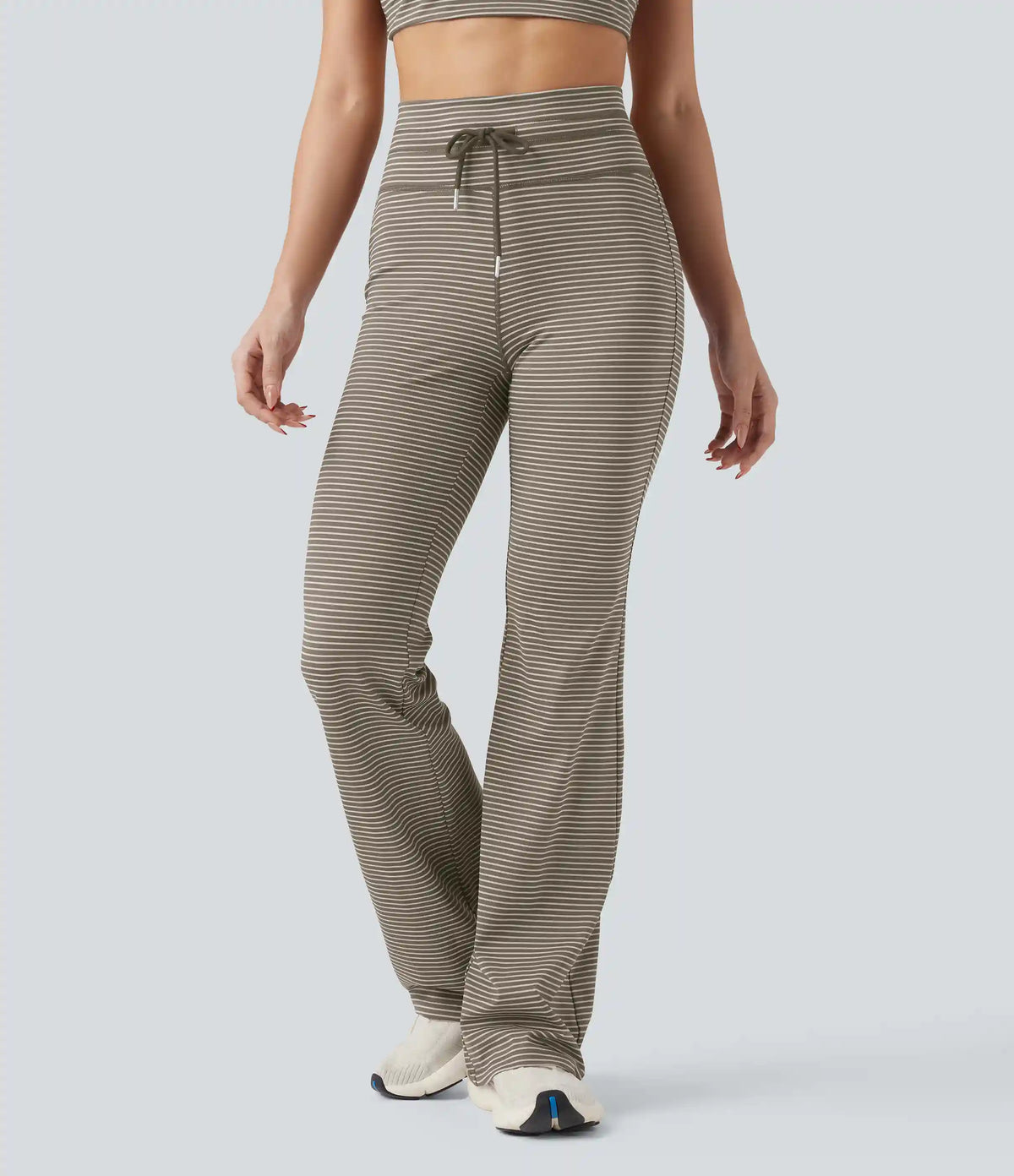 High Waisted Drawstring Stripe Flare Yoga Pants with Pockets