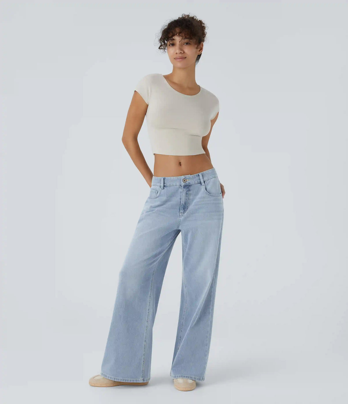 Halara Flex™ Low Rise Zipper Pockets Washed Baggy Wide Leg Casual Jeans