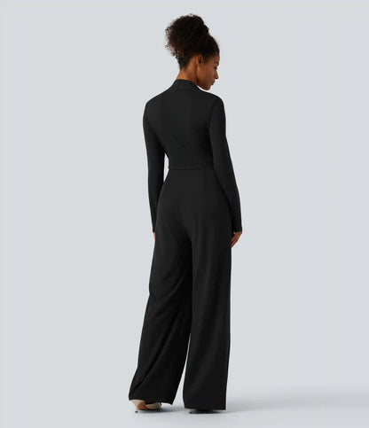 Long Sleeve Built-in Bra Wide Leg Jumpsuit with Pockets-Easy Peezy Edition DD-F Cups