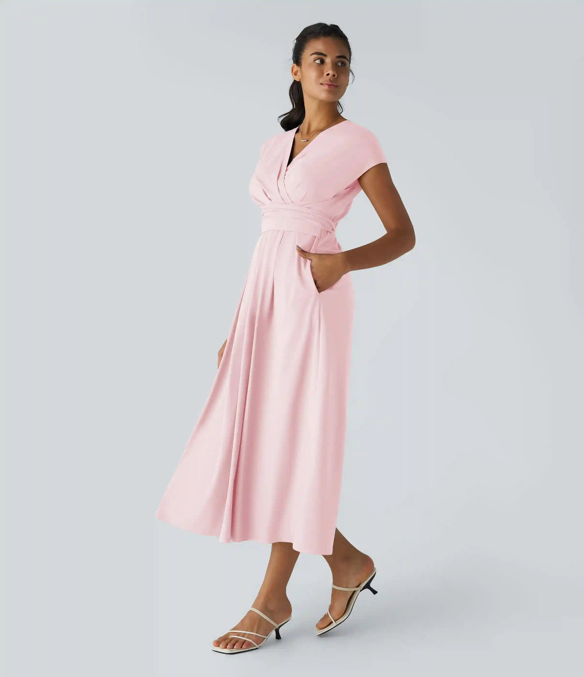 Breezeful™ V Neck Short Sleeve Pocket Tie Back Quick Dry Midi Casual Dress-Longer Length
