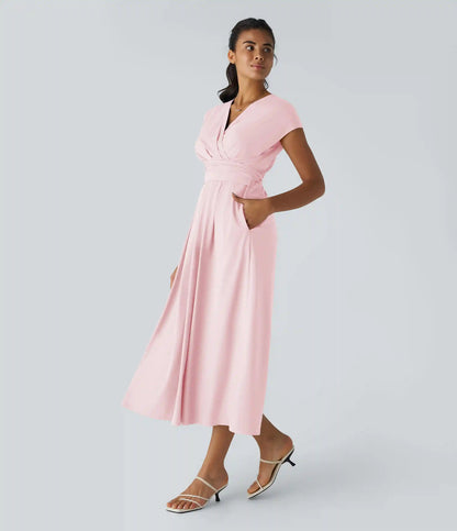 Breezeful™ V Neck Short Sleeve Pocket Tie Back Quick Dry Midi Casual Dress-Longer Length