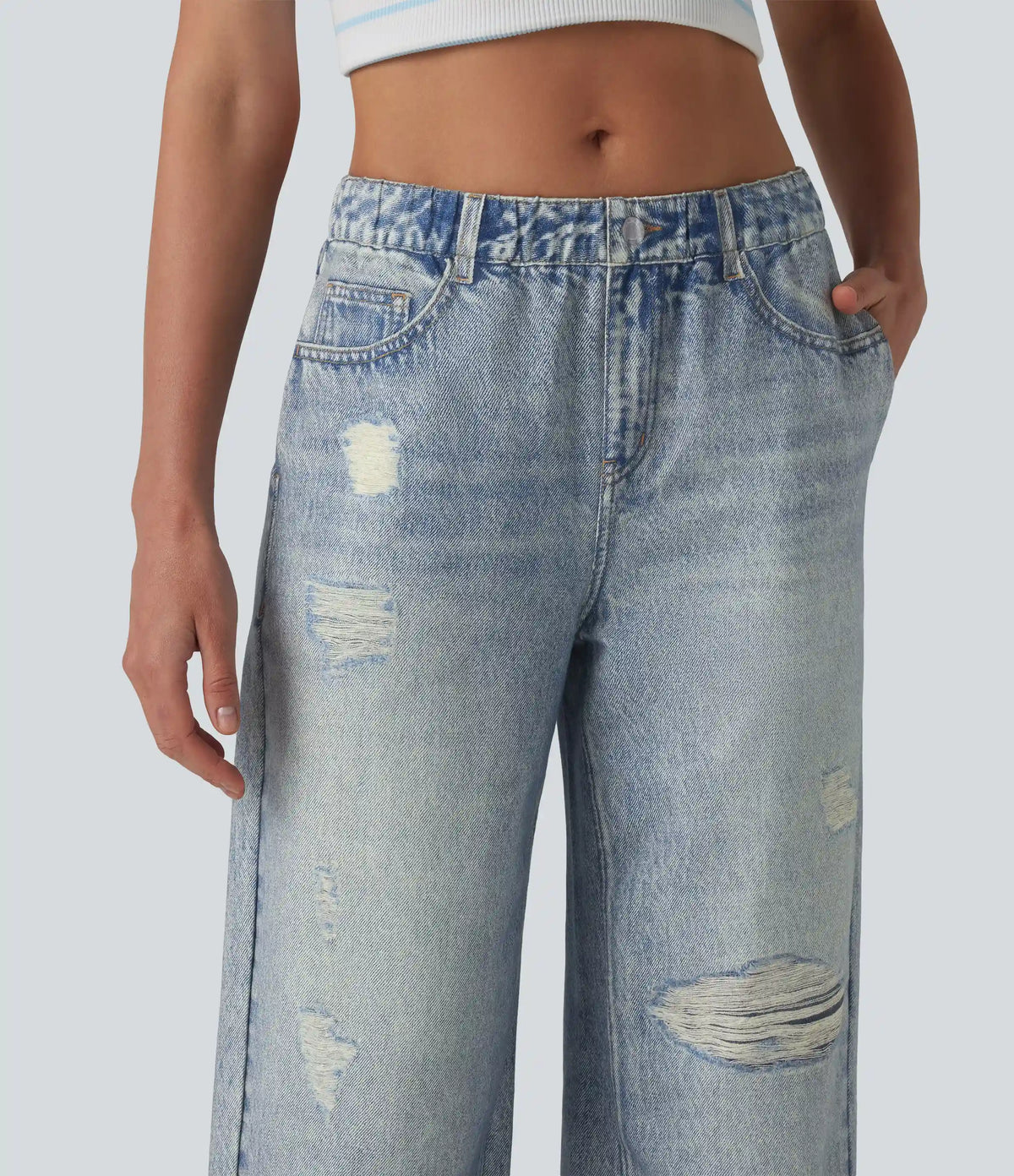 Mid Rise Denim Print French Terry Casual Sweatpants Jeans with Pockets