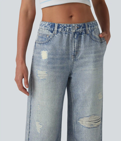 Mid Rise Denim Print French Terry Casual Sweatpants Jeans with Pockets