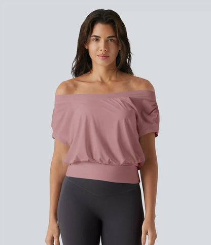 Off Shoulder Short Sleeve Oversize InstantCool Quick Dry Yoga Sports Top