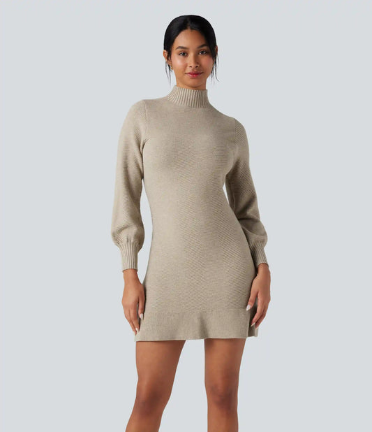 Mock-neck Long Sleeve Ruffle Hem Mini Work Sweater Dress
