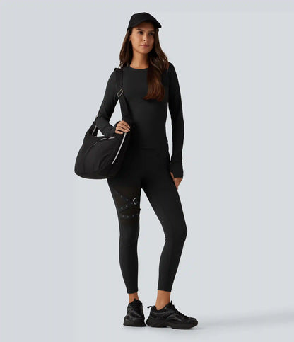 Round Neck Long Sleeve Contrast Mesh Thumb Hole Curved Hem Quick Dry Yoga Sweatshirt