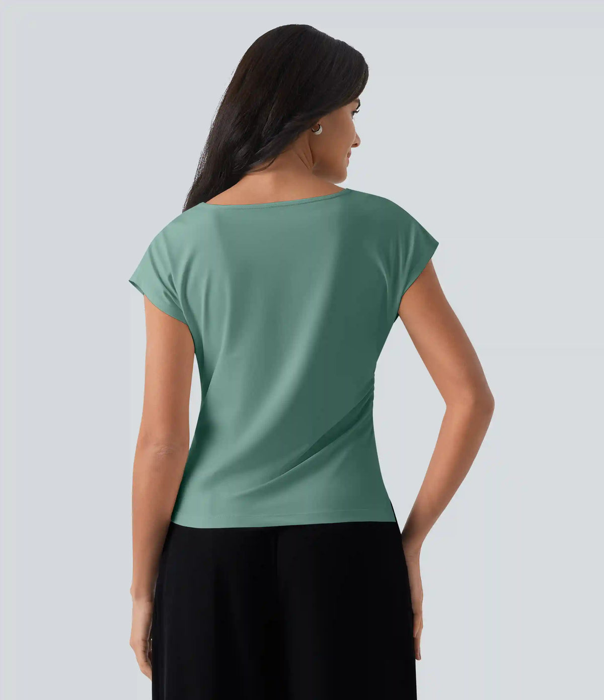 Asymmetric Cowl Neck Short Sleeve Ruched Split Hem Work Blouse