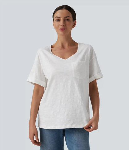 Sweetheart Neck Roll Short Sleeve Relaxed Casual Slubbed Cotton T-Shirt with Pocket