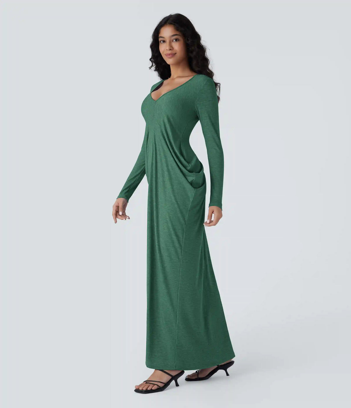 Deep V Neck Long Sleeve Stacked Ruched Maxi Casual Dress