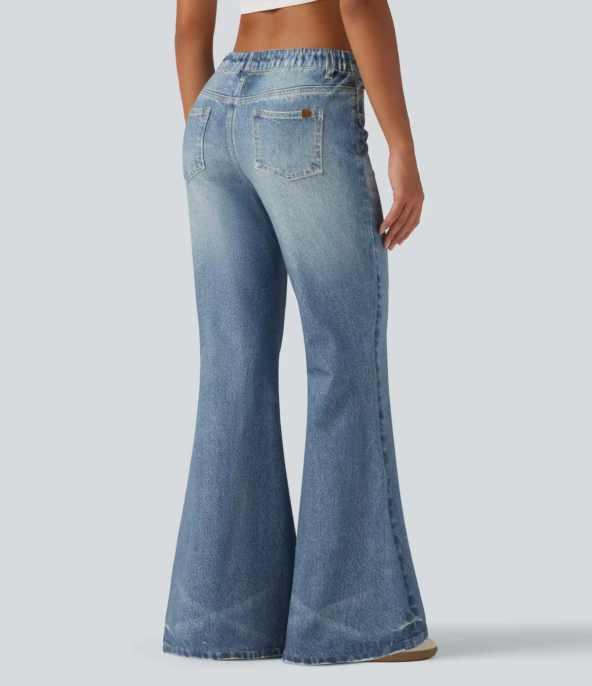Mid Rise Denim Print Casual Flare Jeans with Pockets