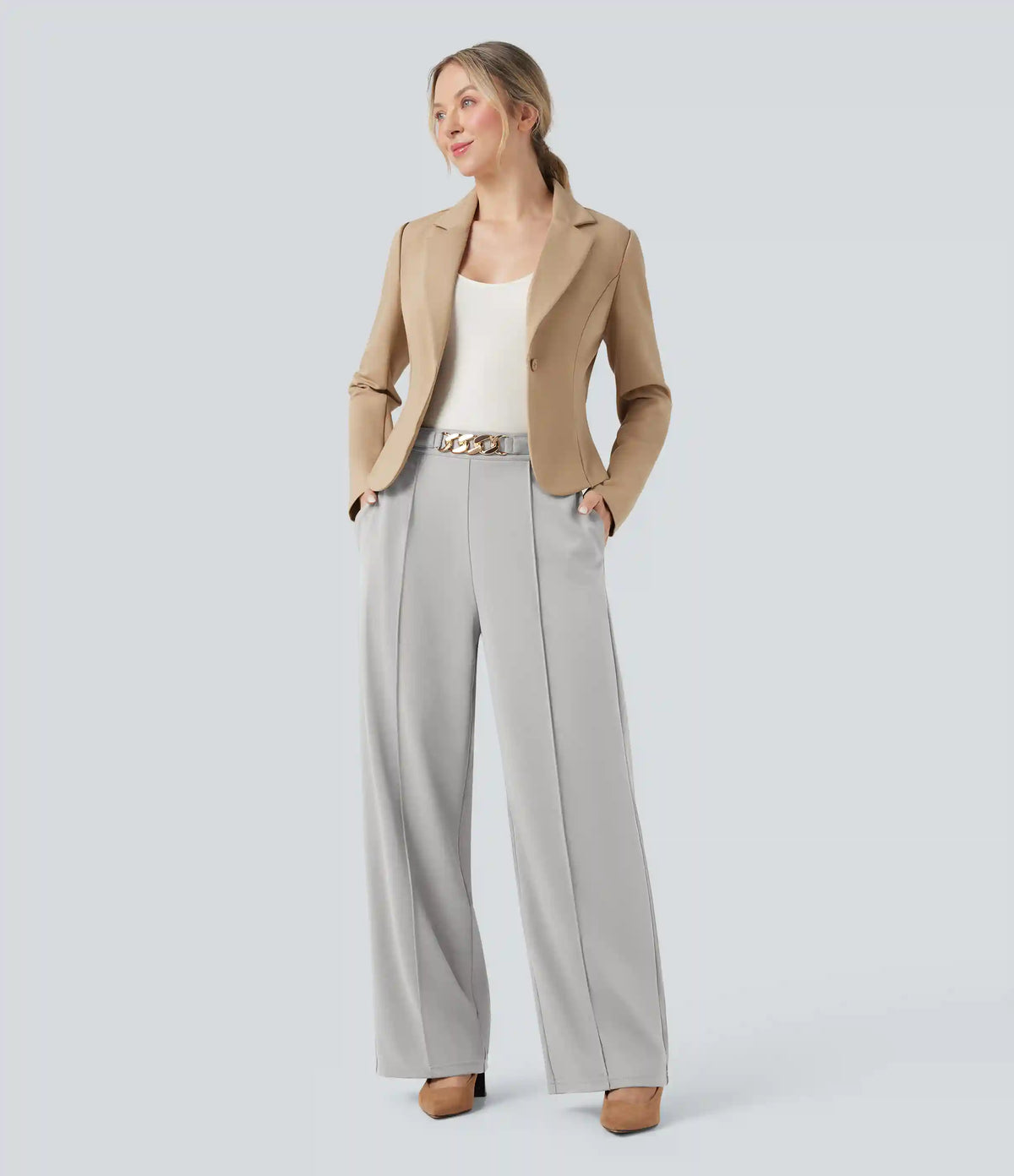 High Waisted Metal Chain Straight Leg Work Pants with Pockets