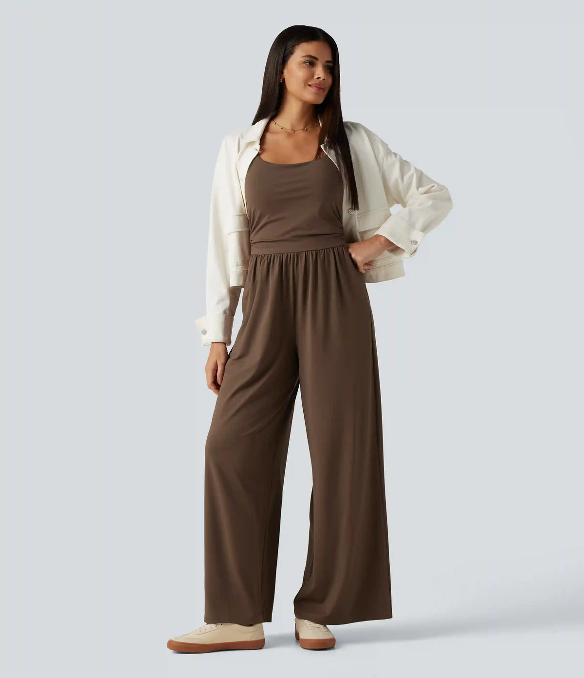 U Neck Sleeveless Crossover Built-in Bra Wide Leg Casual Jumpsuit with Pockets--Easy Peezy