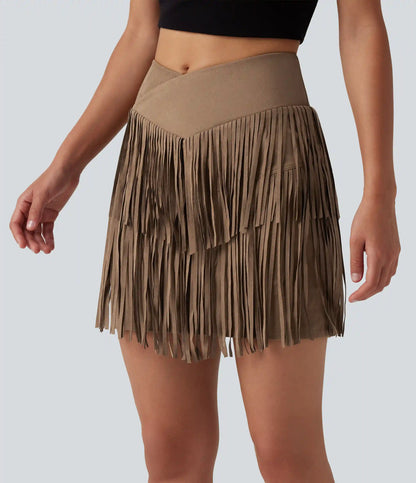 Crossover High Waisted 2-in-1 Fringe Hem Bodycon Mini Suede Party Skirt-Longer Length