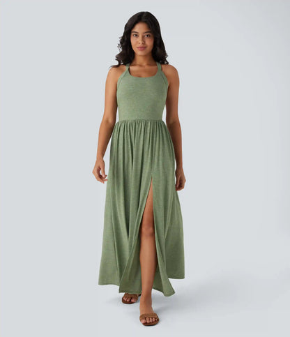 Twisted Backless Split Flowy Maxi Resort Dress with Pockets