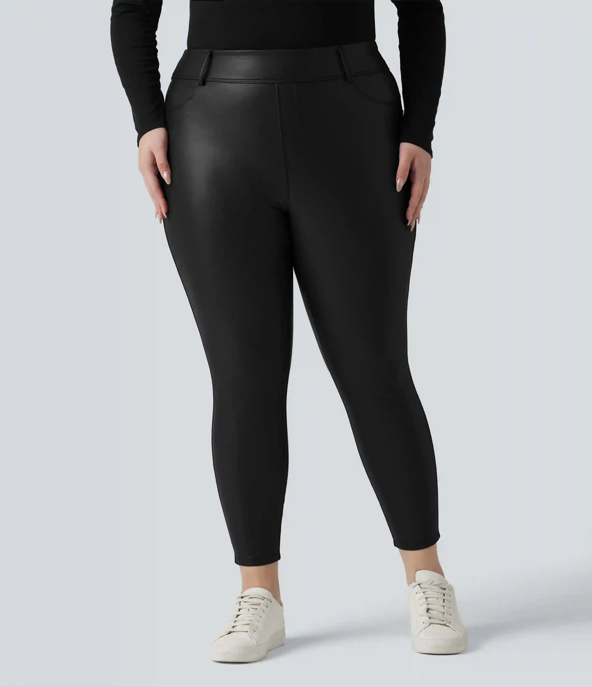 High Waisted Stretchy PU Fleece Casual Plus Size Leggings with Pockets