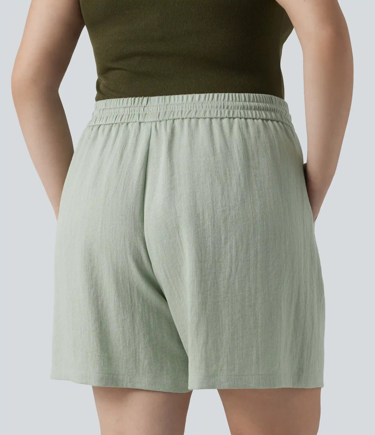 High Waisted Drawstring Casual Linen-Feel Plus Size Shorts with Pockets