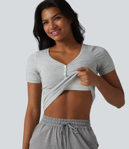 Halara Cotton Jersey V-neck Short Sleeve Built-in Bra Casual T-Shirt B-DD Cups