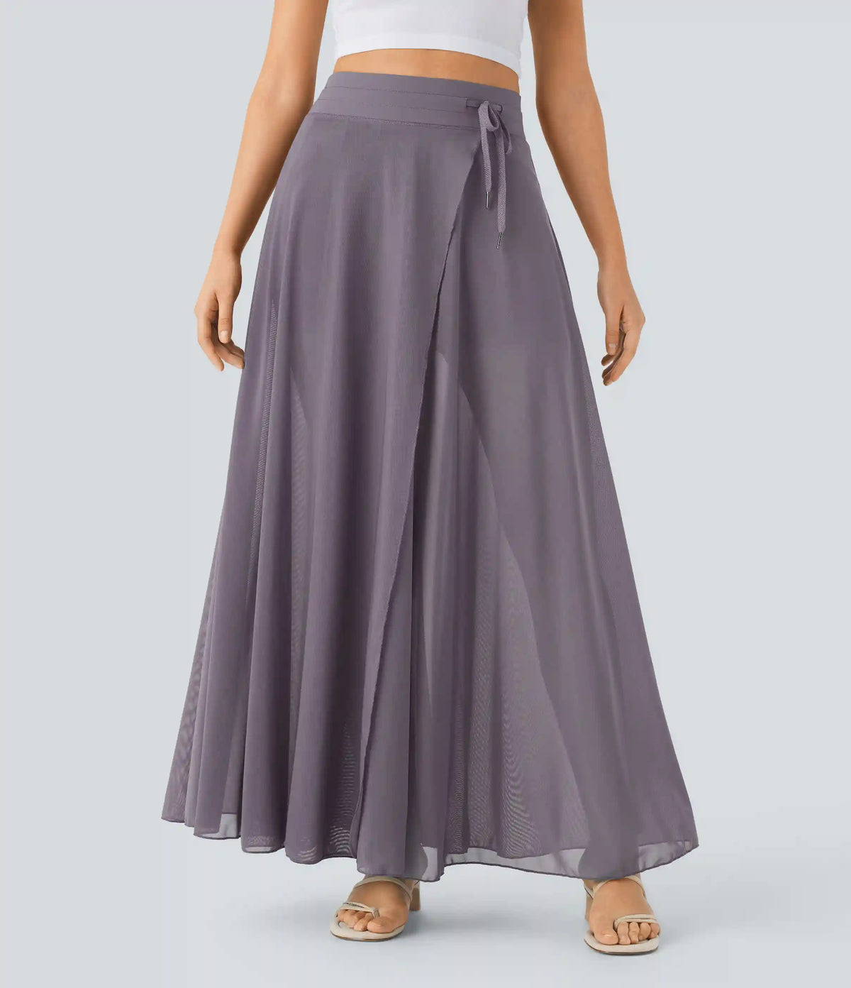 High Waisted Drawstring Contrast Mesh 2-in-1 Pocket Flowy Maxi Flare Casual Skirt