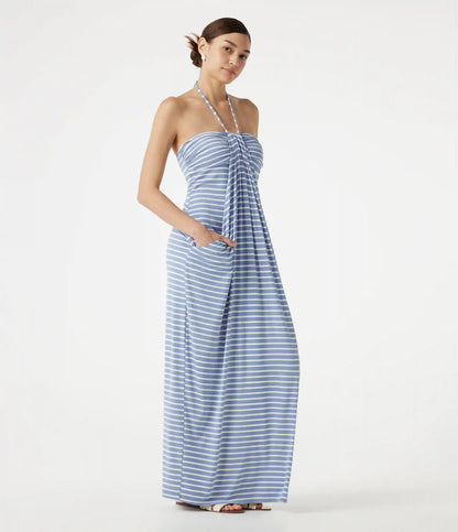 Halter Tie Back Built-in Bra Striped Maxi Resort Dress with Pockets