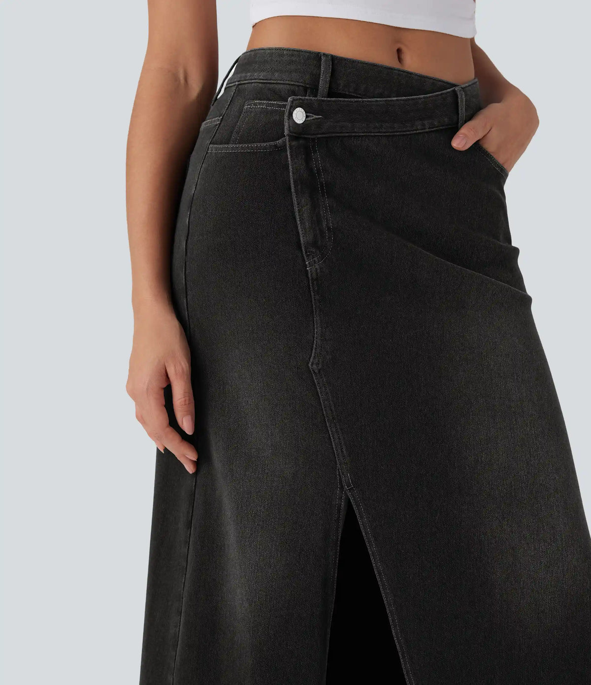 Halara Flex™ Asymmetric Mid Rise Denim Maxi Casual Skirt with Pockets