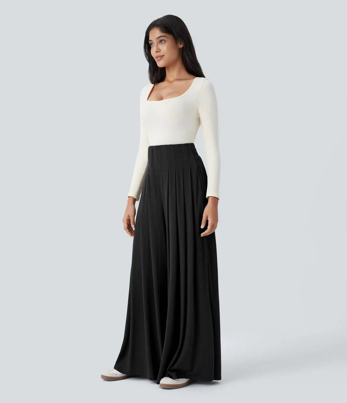 Ribbed Knit High Waisted Pleated Pocket Flowy Wide Leg Casual Pants