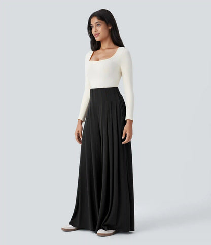 Ribbed Knit High Waisted Pleated Pocket Flowy Wide Leg Casual Pants