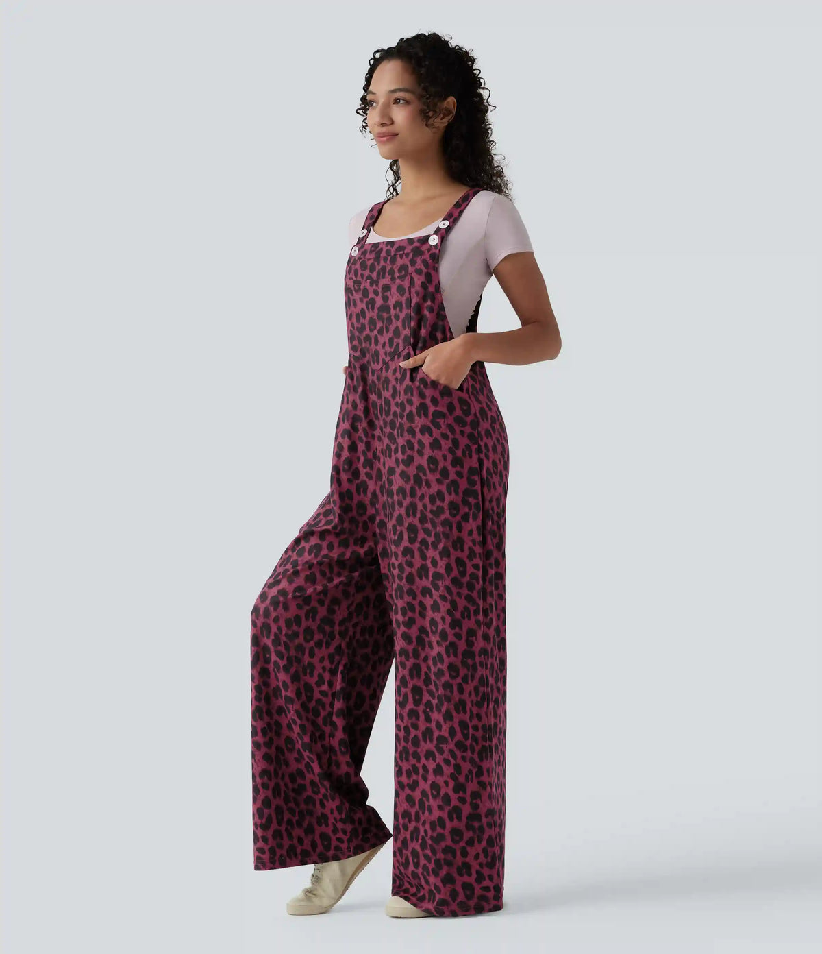 Leopard Print Waffle Casual Overalls with Pockets