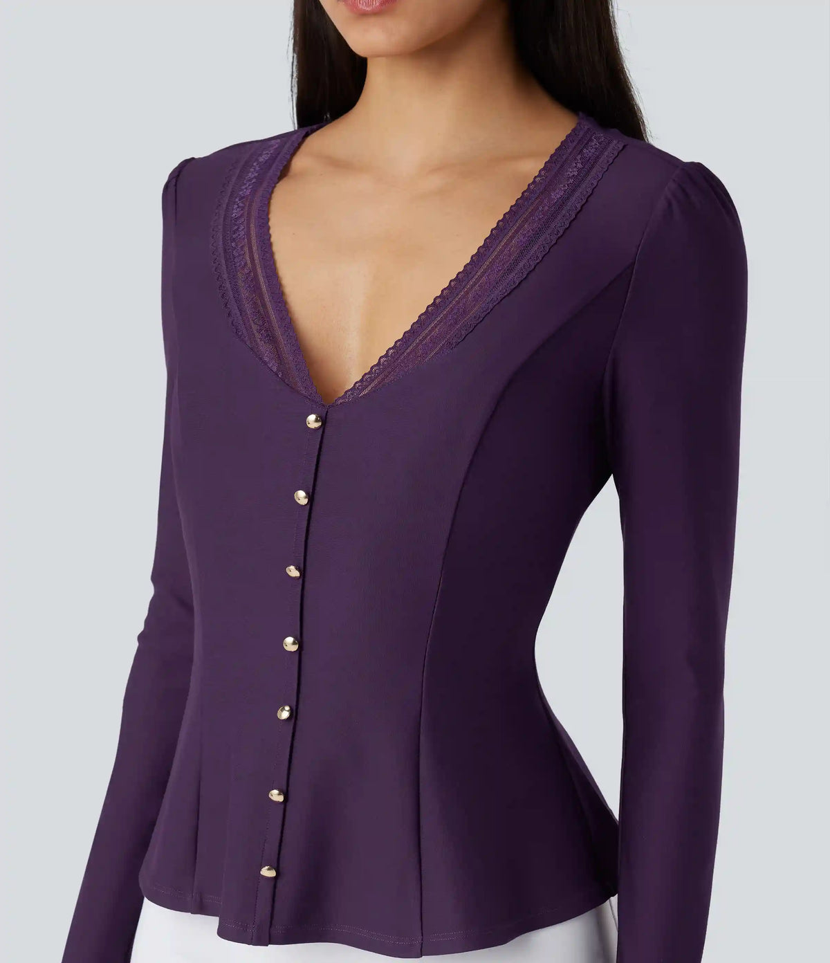 V Neck Contrast Lace Long Sleeve Ruffle Hem Work Blouse