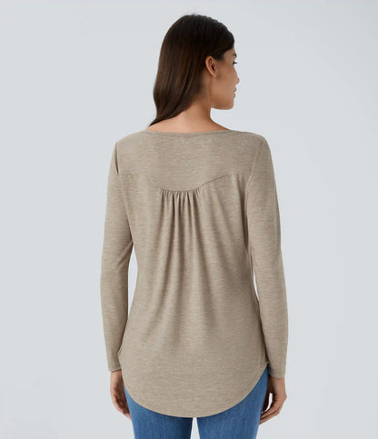 Round Neck Long Sleeve Curved Hem Casual Top