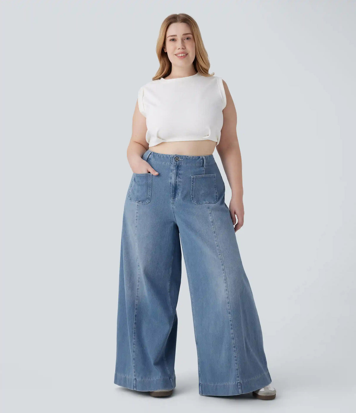 Halara Flex™ High Waisted Pockets Washed Casual Wide Leg Plus Size Jeans