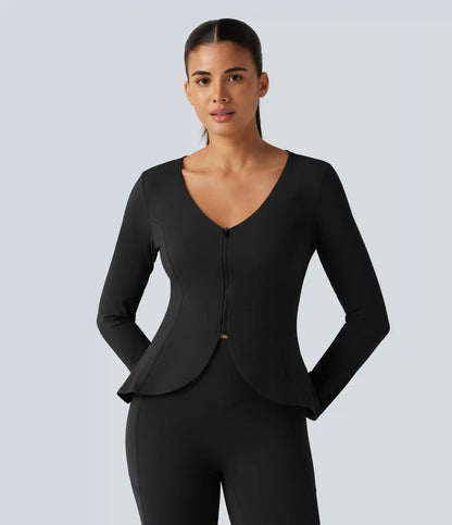 SoftlyZero™ Plush V Neck Long Sleeve Slim Ruffle Hem Yoga Jacket with Pockets